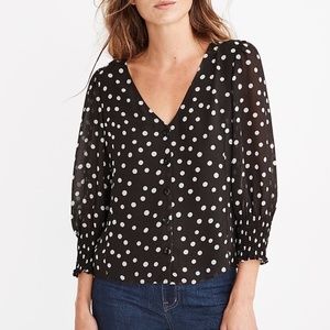 Madewell Button Front Puff Sleeve Blouse 2 Black White Polka Dot Smocked Cuffs